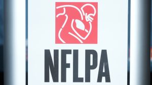 Feb 5, 2025; New Orleans, LA, USA; The NFLPA logo at press conference at the Super Bowl LIX media center at the Ernest N. Morial Convention Center.