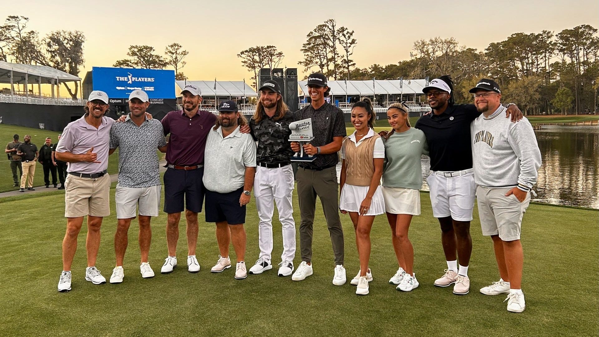 The participants in the first Content Creator Classic at TPC Sawgrass after Grant Horvat (with trophy) won with a birdie putt at the par-3 17th hole of the Players Stadium Course at TPC Sawgrass on March 12.