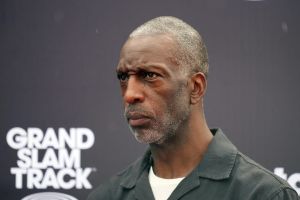 May 4, 2025; Miramar, FL, USA; Michael Johnson reacts during the Grand Slam Track Miami at Ansin Sports Complex