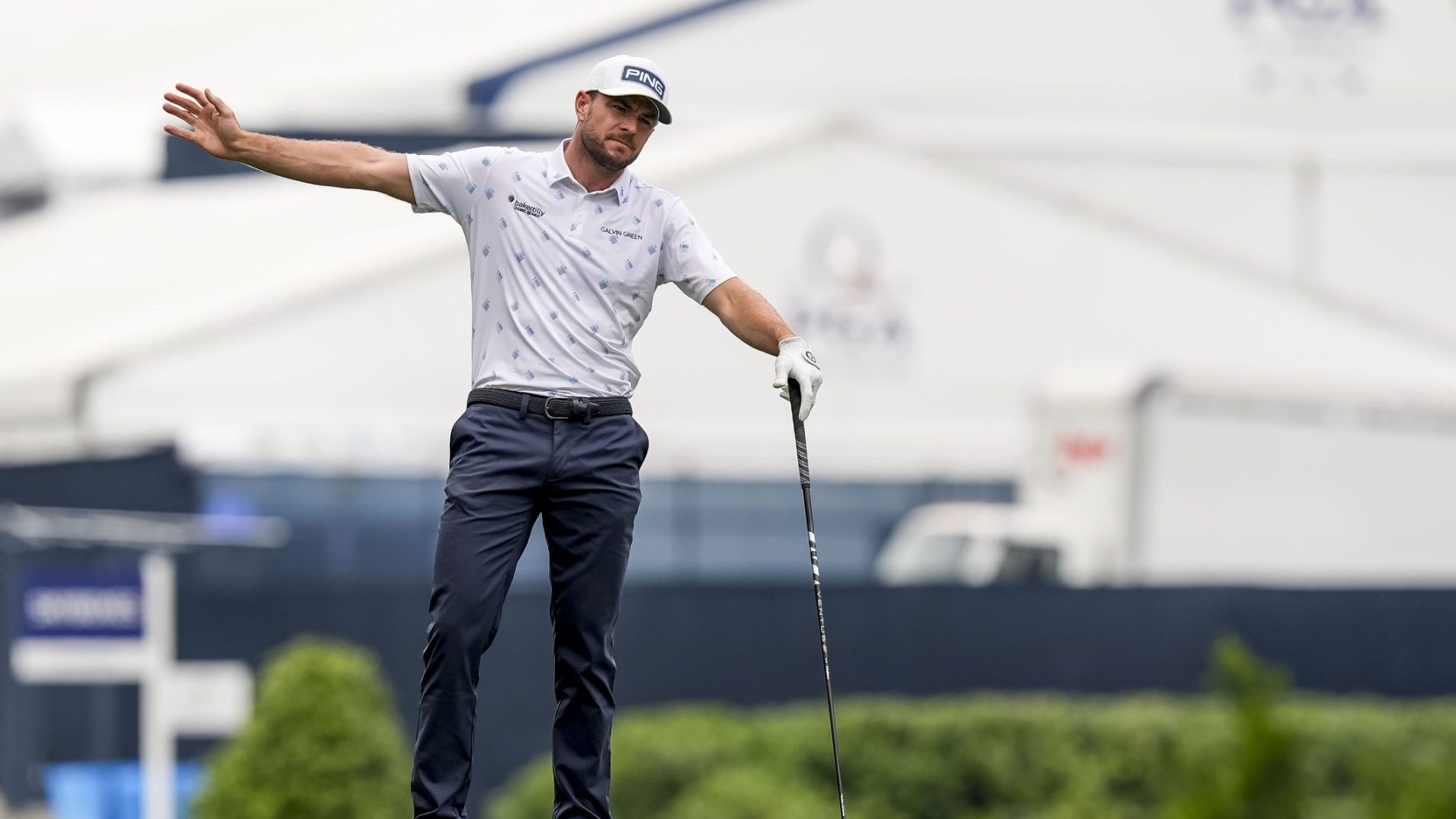 May 16, 2025; Charlotte, North Carolina, USA; Laurie Canter hits his second shot on the tenth hole during the second round of the PGA Championship golf tournament at Quail Hollow.