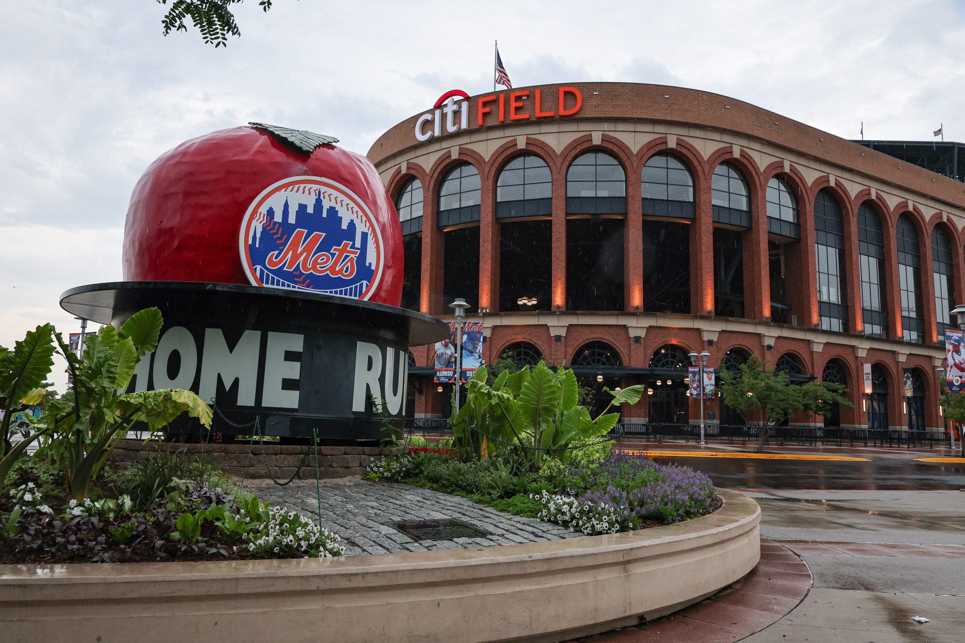 Jul 1, 2025; New York City, New York, USA; A general view out side of Citi Field. The game between the New York Mets and the Milwaukee Brewers was postponed due to impending weather.