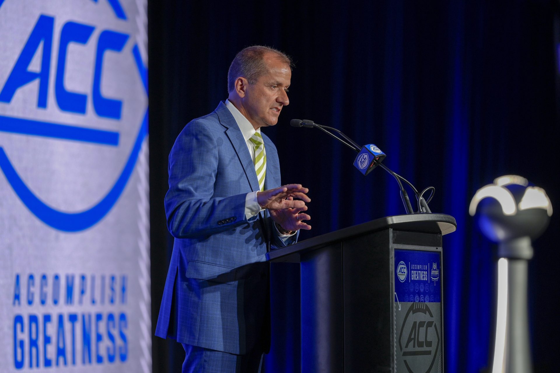 Jul 22, 2025; Charlotte, NC, USA; ACC commissioner Jim Phillips speaks to the media during ACC Media Days at Hilton Charlotte Uptown.