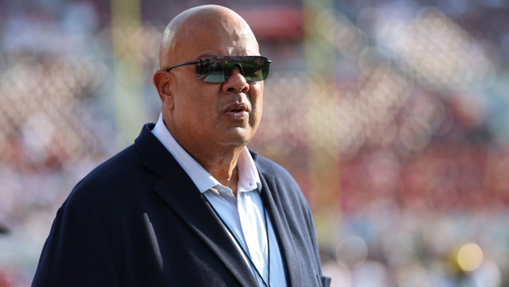 Sep 6, 2025; Norman, Oklahoma, USA; Warde Manuel, Michigan Donald R. Shepherd Director of Athletics on the field prior to a game against the Oklahoma Sooners at Gaylord Family-Oklahoma Memorial Stadium.