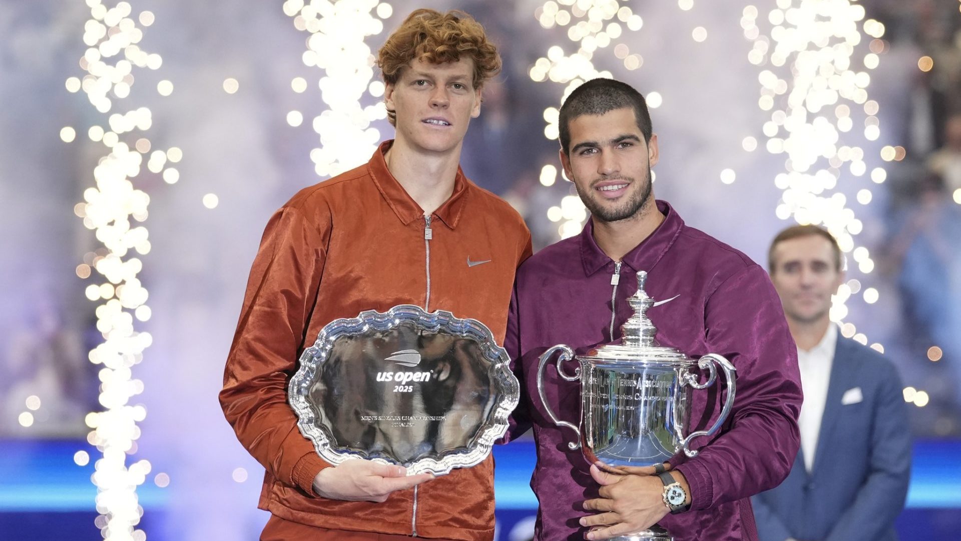 Sep 7, 2025; Flushing, NY, USA; Carlos Alcaraz (ESP) and Jannik Sinner (ITA) poses for a photo after the final of mens singles at Billie Jean King National Tennis Center