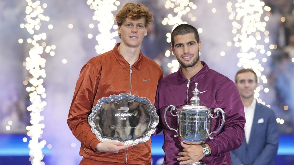 Sep 7, 2025; Flushing, NY, USA; Carlos Alcaraz (ESP) and Jannik Sinner (ITA) poses for a photo after the final of mens singles at Billie Jean King National Tennis Center