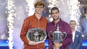 Sep 7, 2025; Flushing, NY, USA; Carlos Alcaraz (ESP) and Jannik Sinner (ITA) poses for a photo after the final of mens singles at Billie Jean King National Tennis Center