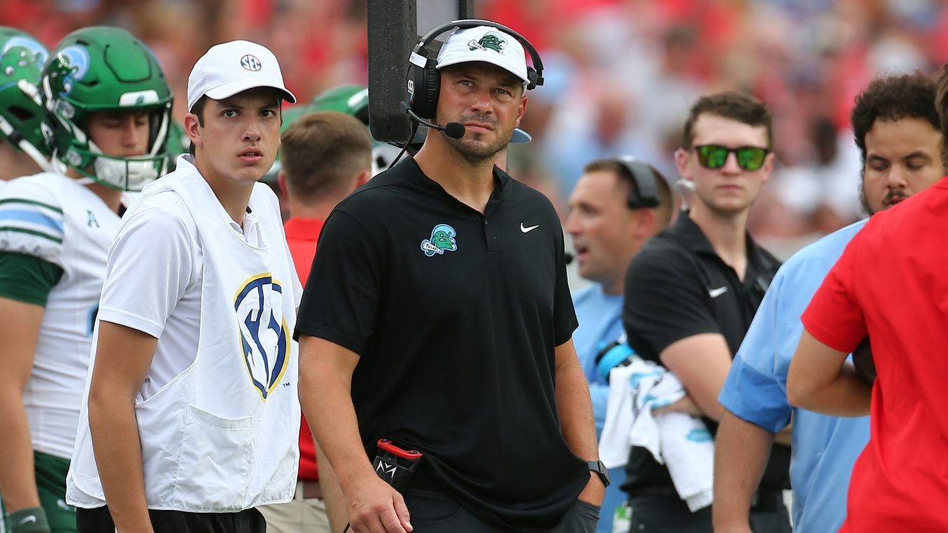 Sep 20, 2025; Oxford, Mississippi, USA; Tulane Green Wave head coach Jon Sumrall looks on during the second quarter against the Mississippi Rebels at Vaught-Hemingway Stadium.