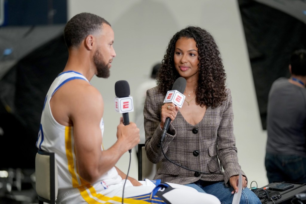 Sep 29, 2025; San Francisco, CA, USA; Malika Andrews interviews Golden State Warriors guard Stephen Curry (30) during Media Day at the Chase Center.