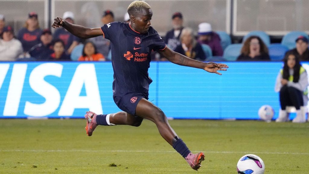Sep 27, 2025; San Jose, California, USA; Bay FC forward Racheal Kundananji (9) takes a shot on goal against the Utah Royals in the second half at PayPal Park.