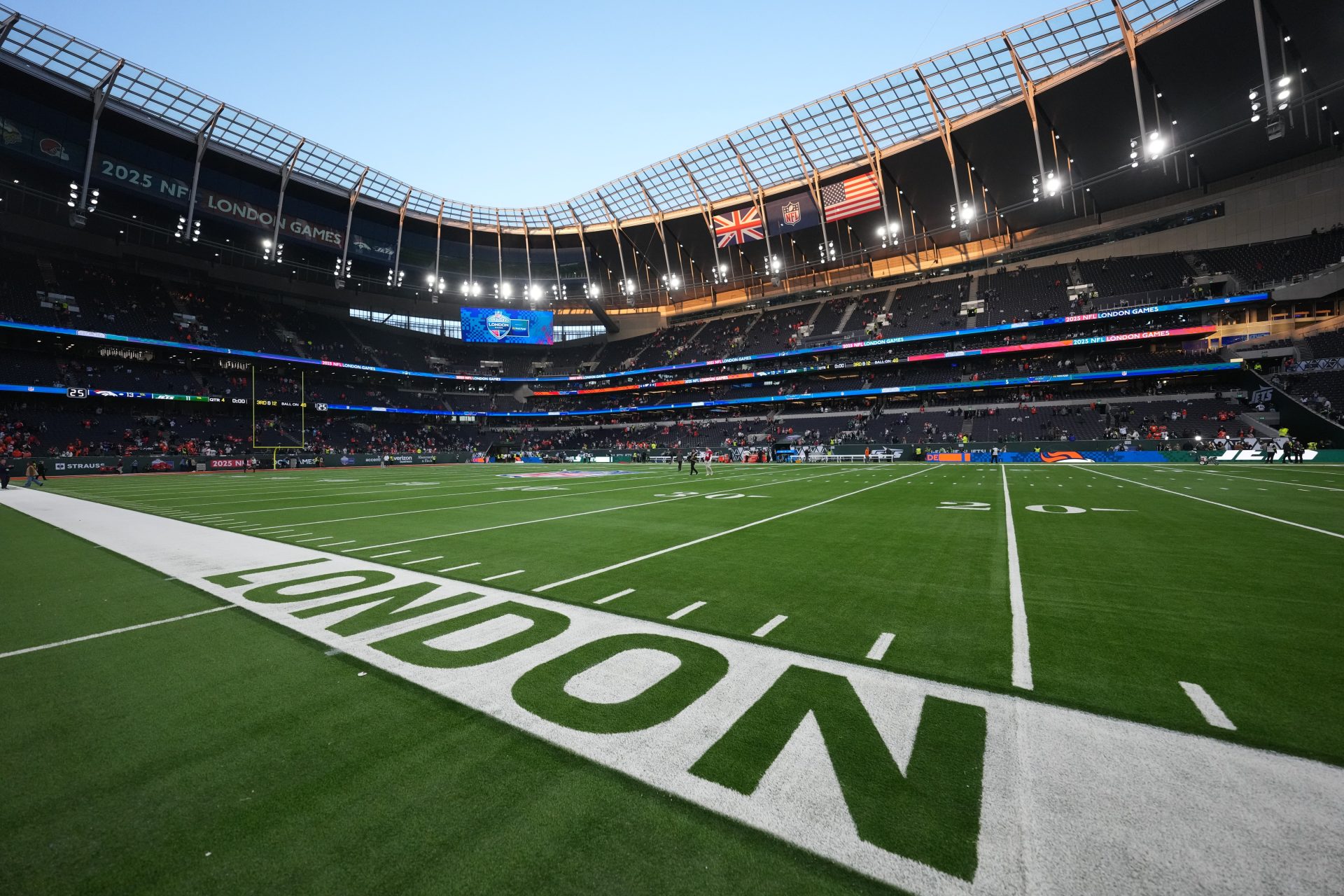 View of the London logo on the field after an NFL International Series game between the Denver Broncos and the New York Jets at Tottenham Hotspur Stadium.
