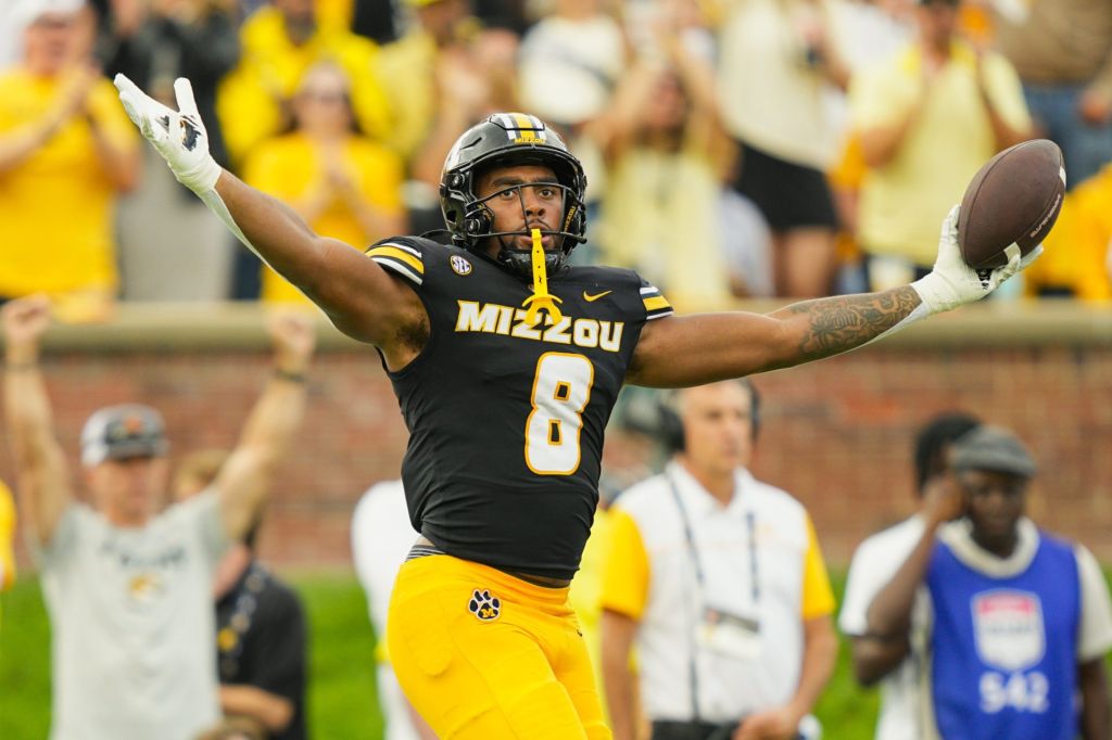 Oct 11, 2025; Columbia, Missouri, USA; Missouri Tigers defensive end Damon Wilson II (8) celebrates after recovering a fumble during the second half against the Alabama Crimson Tide at Faurot Field at Memorial Stadium. Mandatory Credit: Jay Biggerstaff-Imagn Images