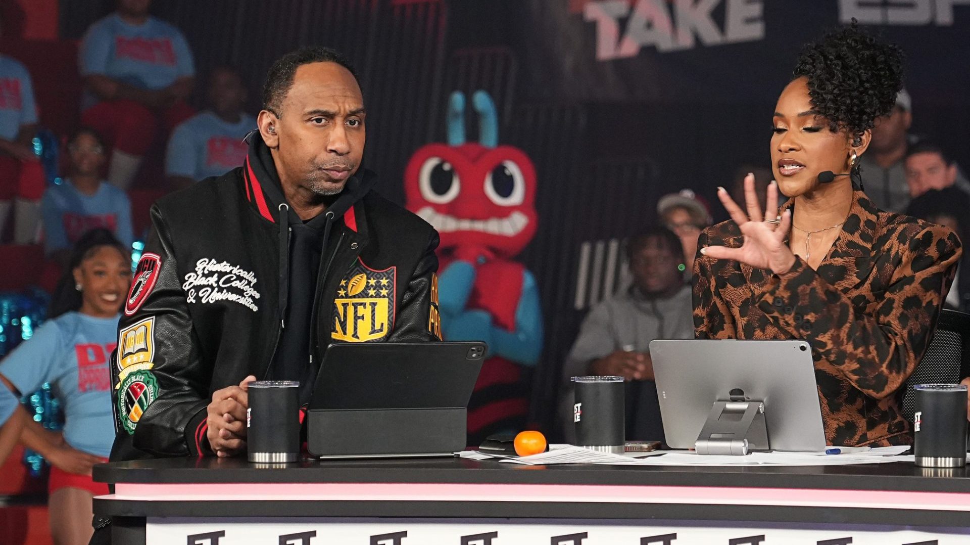 Stephen A. Smith and Amina Smith discuss topics during ESPN's live broadcast of First Take at Memorial Hall on the campus of Delaware State University on October 29, 2025.