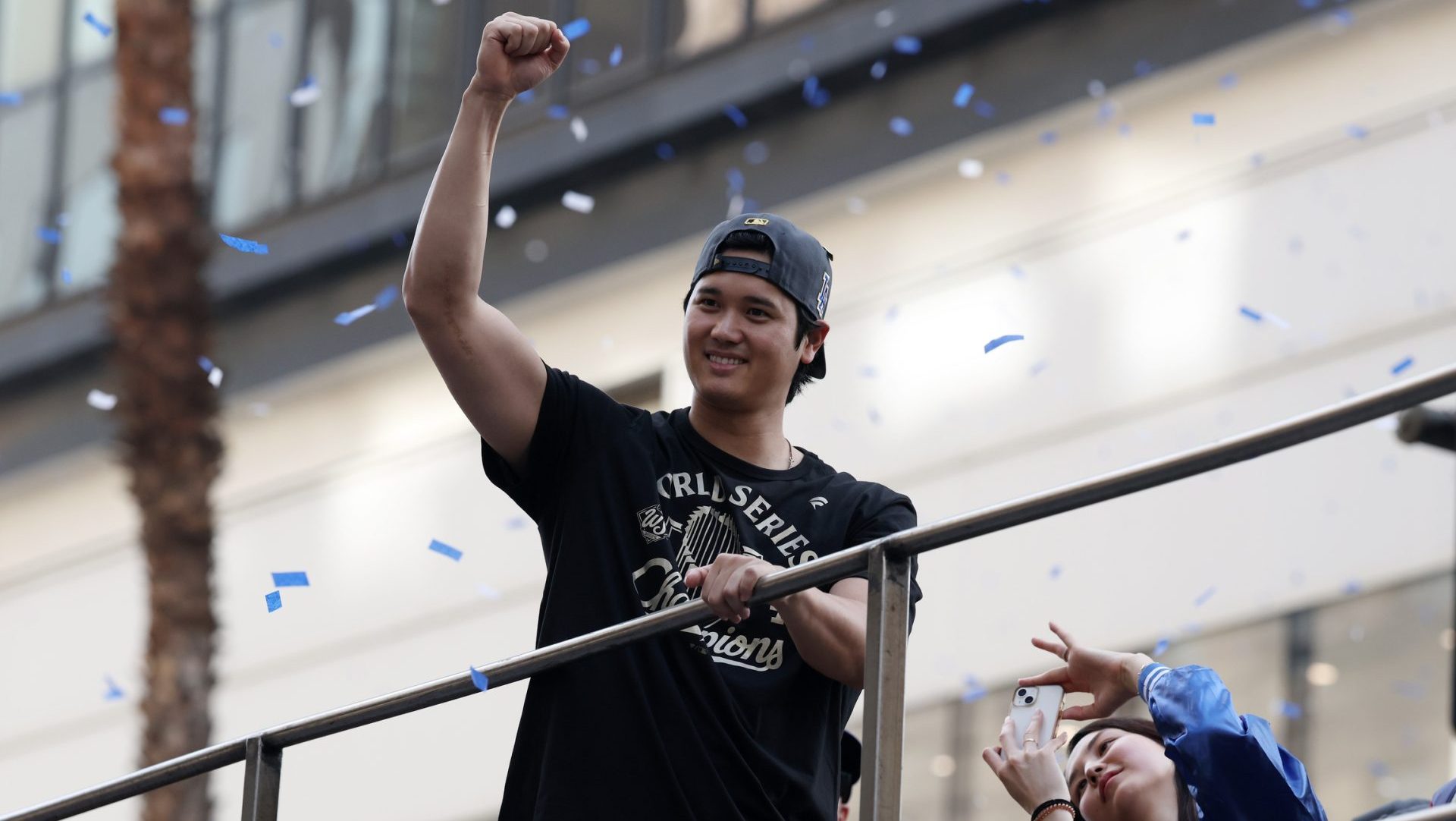 Nov 3, 2025; Los Angeles, CA, USA; Los Angeles Dodgers two-way player Shohei Ohtani acknowledges the crowd during the World Series championship parade at downtown Los Angeles