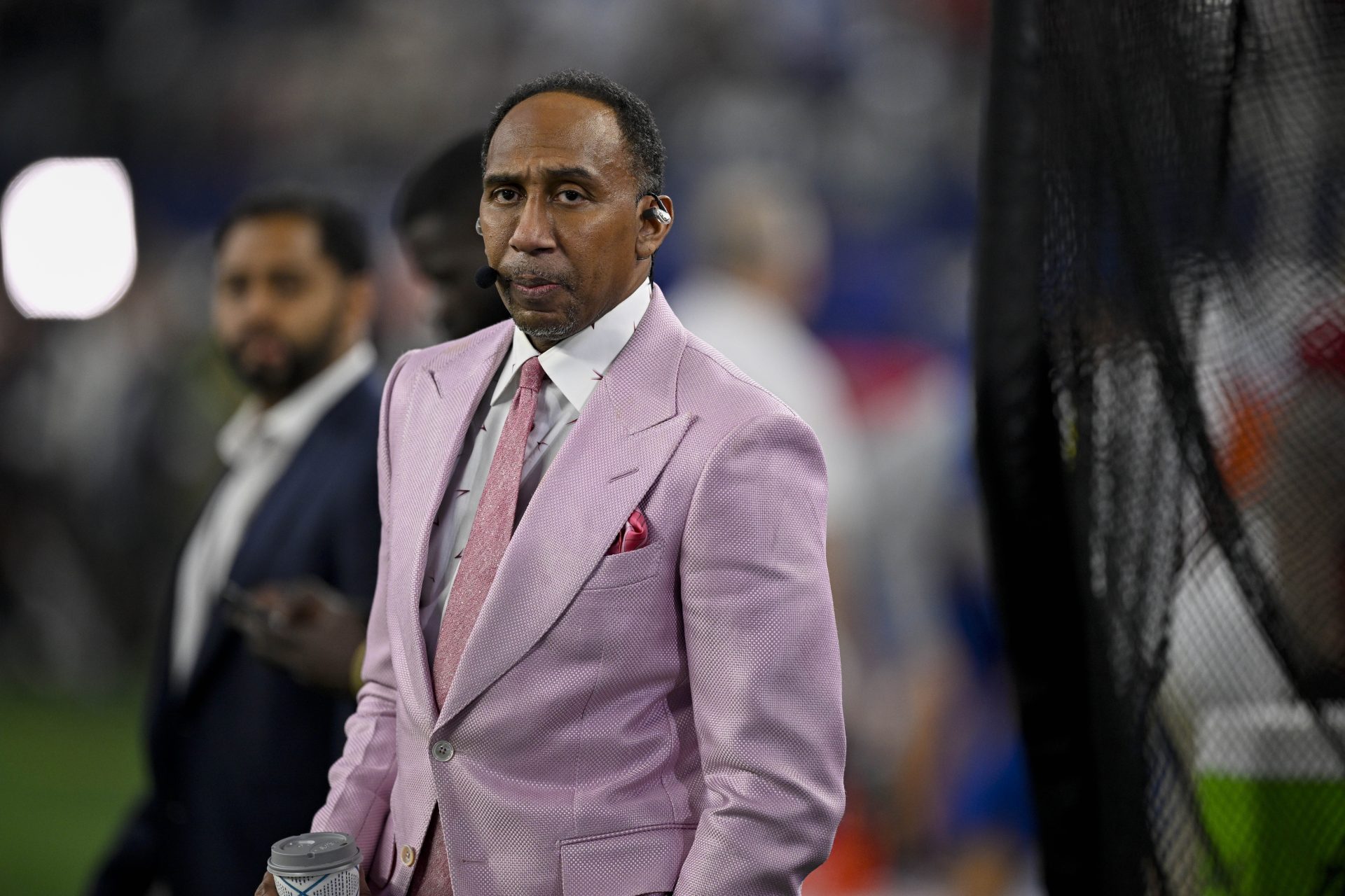 Nov 3, 2025; Arlington, Texas, USA; ESPN commentator Stephen A. Smith looks on before the game between the Dallas Cowboys and the Arizona Cardinals at AT&T Stadium. Mandatory Credit: Jerome Miron-Imagn Images
