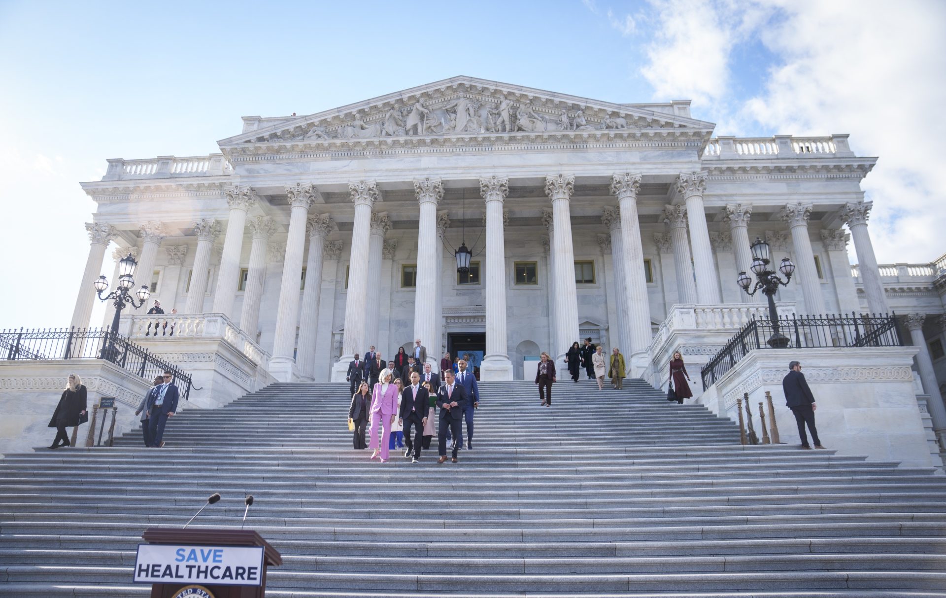 Nov 12, 2025; Washington, DC, USA; Democratic House Leader Hakeem Jeffries, center, House Minority Whip Katherine Clark (D-Mass.), left, and Rep. Pete Aguilar (D-CA), right, the chair of the House Democratic Caucus, lead Democrat house members down the steps to a press conference at the United States Capitol as members return after a 54-day break, before House lawmakers take up legislation that would end the longest government shutdown in American history and vote on the Senate-passed spending deal..