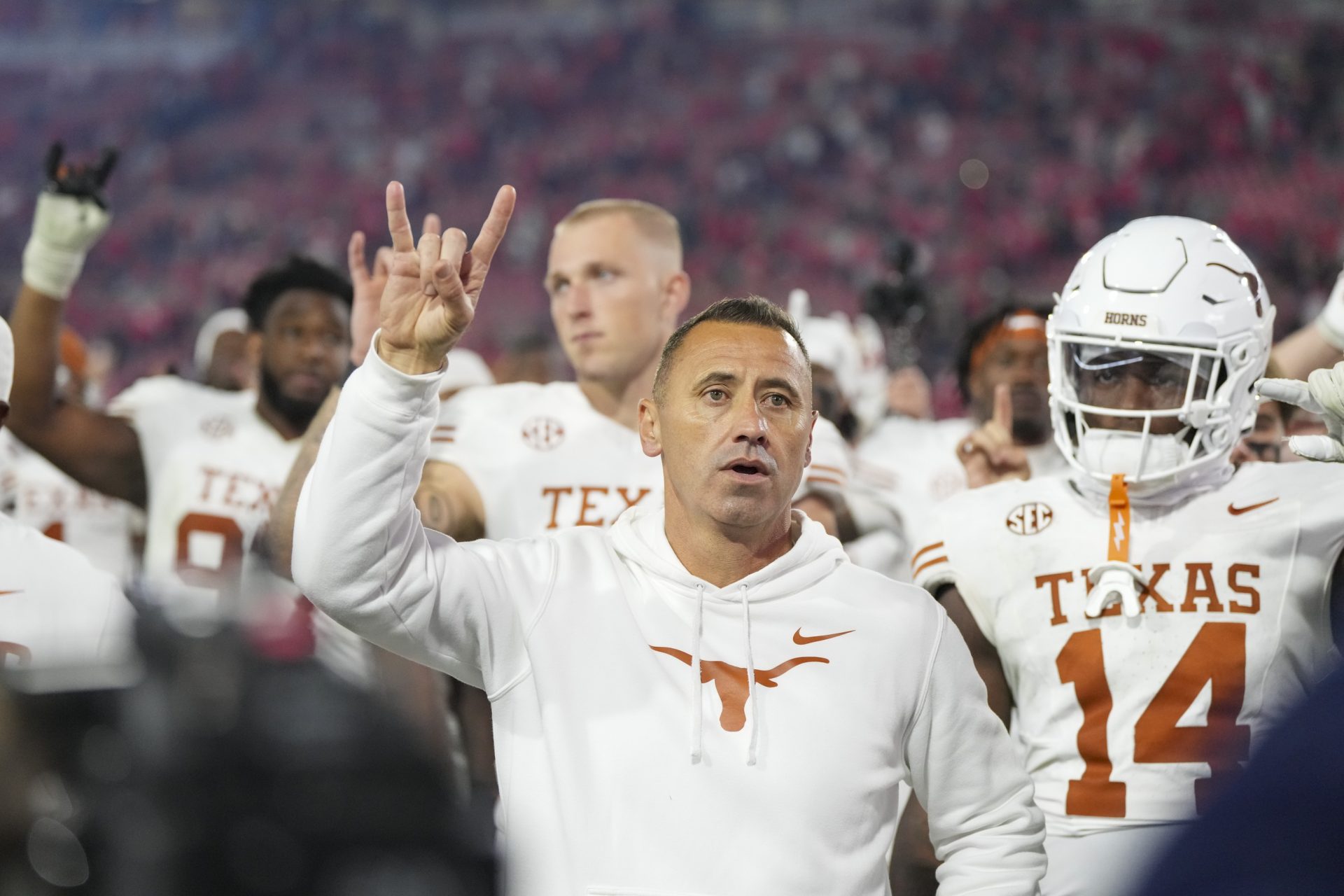 Nov 15, 2025; Athens, Georgia, USA; Texas Longhorns head coach Steve Sarkisian gestures after a game against the Georgia Bulldogs at Sanford Stadium