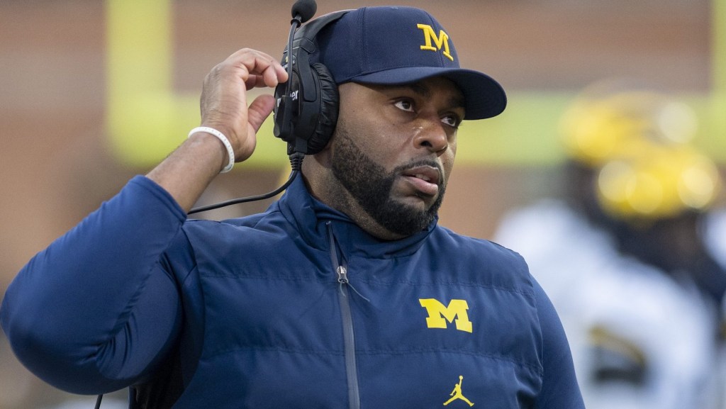 Nov 22, 2025; College Park, Maryland, USA; Michigan Wolverines head coach Sherrone Moore on the sidelines during the first quarter against the Maryland Terrapins at SECU Stadium.