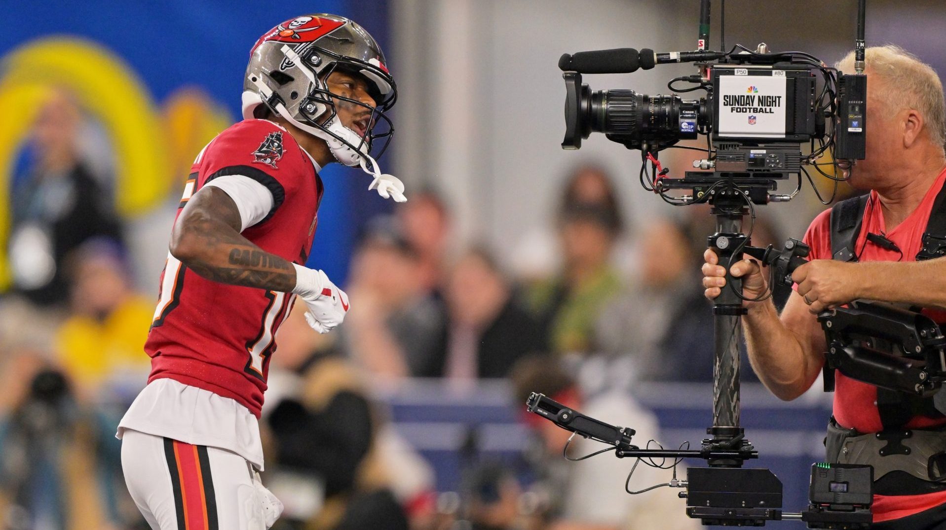 Nov 23, 2025; Inglewood, California, USA; Tampa Bay Buccaneers wide receiver Tez Johnson (15) poses for a television camera after scoring a touchdown against the Los Angeles Rams during the second quarter at SoFi Stadium