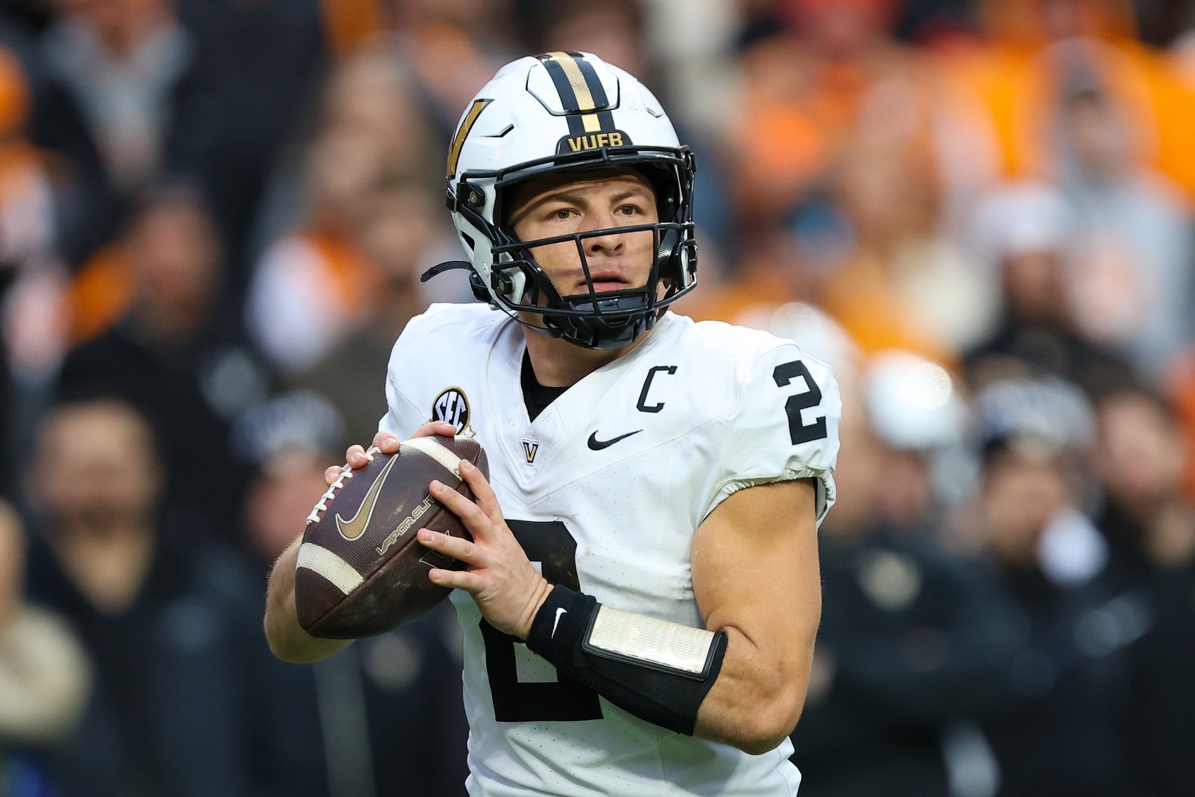 Nov 29, 2025; Knoxville, Tennessee, USA; Vanderbilt Commodores quarterback Diego Pavia (2) looks to pass against the Tennessee Volunteers during the first half at Neyland Stadium.