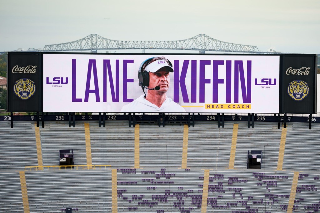 Dec 1, 2025; Baton Rouge, LA, USA; A sign is seen before a press conference by LSU new head coach Lane Kiffin at South Stadium Club at Tiger Stadium.