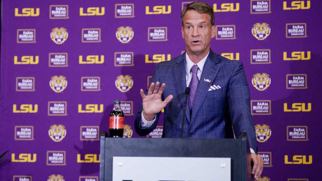 Dec 1, 2025; Baton Rouge, LA, USA; LSU new head coach Lane Kiffin speaks at South Stadium Club at Tiger Stadium.