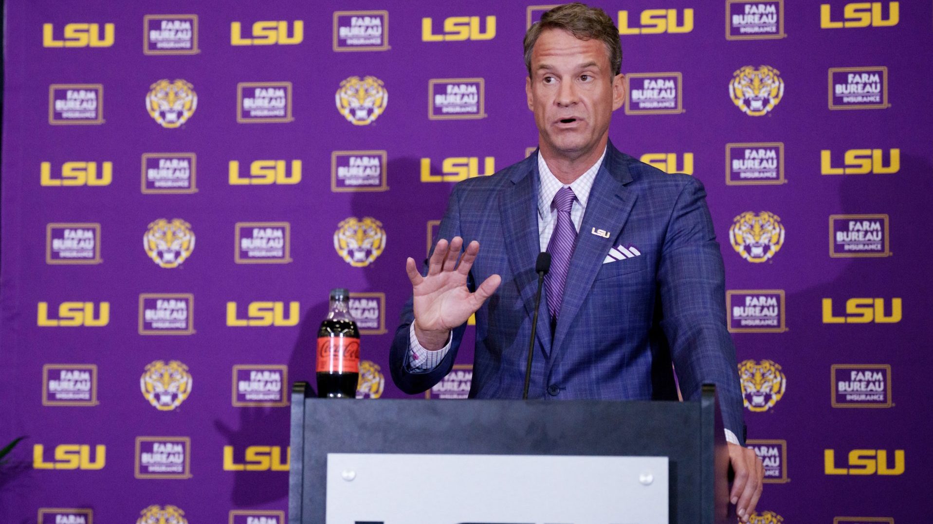 Dec 1, 2025; Baton Rouge, LA, USA; LSU new head coach Lane Kiffin speaks at South Stadium Club at Tiger Stadium.