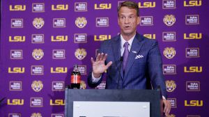 Dec 1, 2025; Baton Rouge, LA, USA; LSU new head coach Lane Kiffin speaks at South Stadium Club at Tiger Stadium.