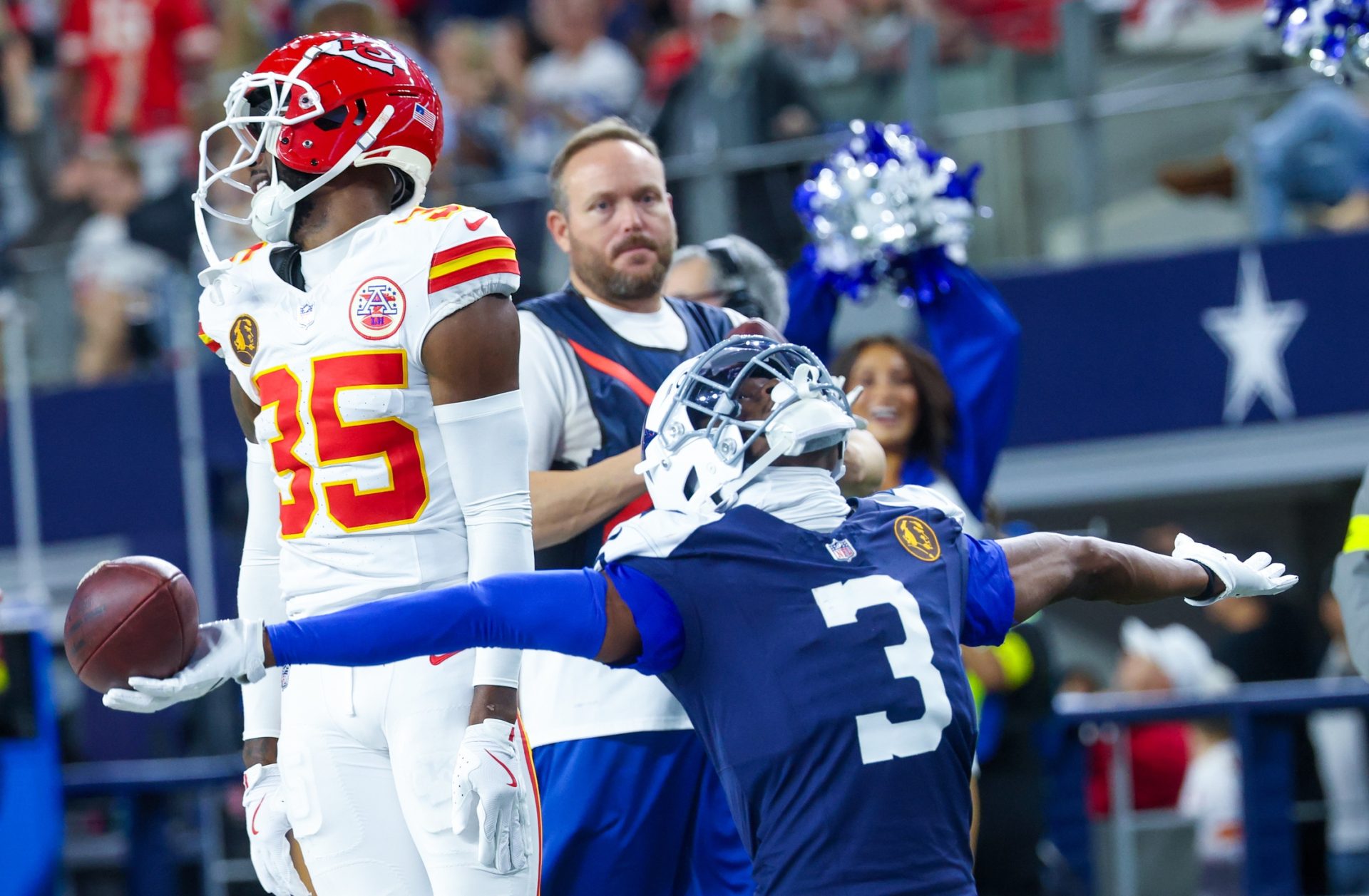 Nov 27, 2025; Arlington, Texas, USA; Dallas Cowboys wide receiver George Pickens (3) celebrates in front of Kansas City Chiefs cornerback Jaylen Watson (35) during the game at AT&T Stadium.