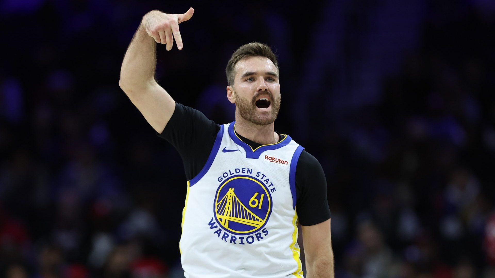 Golden State Warriors guard Pat Spencer (61) reacts to his three pointer against the Philadelphia 76ers during the fourth quarter at Xfinity Mobile Arena