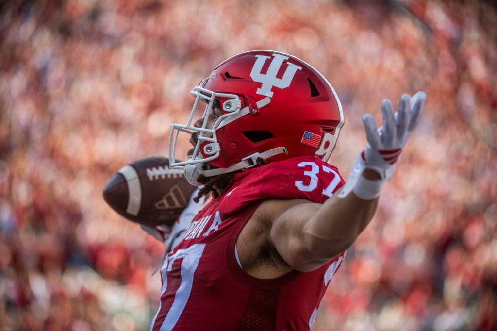 Indiana's Riley Nowakowski (37) celebrates his touchdown during the Indiana versus Wiscsonsin football game at Memorial Stadium on Saturday, Nov. 15, 2025.