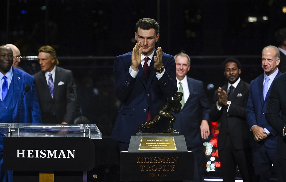 Dec 13, 2025; New York, NY, USA; Indiana Hoosiers quarterback Fernando Mendoza wins the Heisman Trophy during the trophy presentation at Jazz at Lincoln Centers Appel Room.