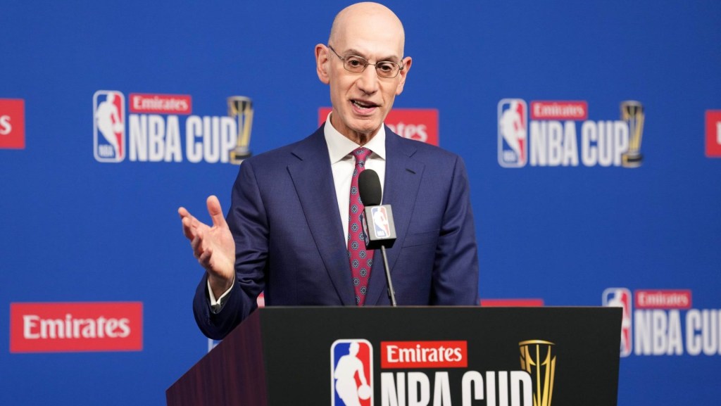 Dec 16, 2025; Las Vegas, Nevada, USA; NBA commissioner Adam Silver speaks during press conference at the Emirates NBA Cup Final at T-Mobile Arena.