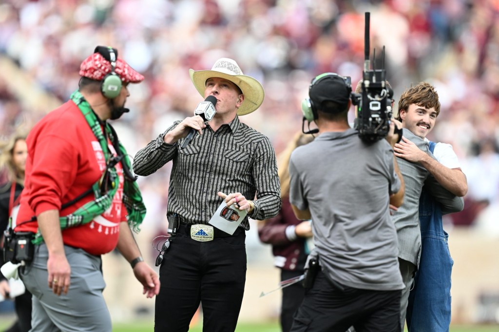 Dec 20, 2025; College Station, TX, USA; Pat McAfee reacts prior to the game between the Miami Hurricanes and the Texas A&M Aggies during the first round of the CFP National Playoff at Kyle Field.
