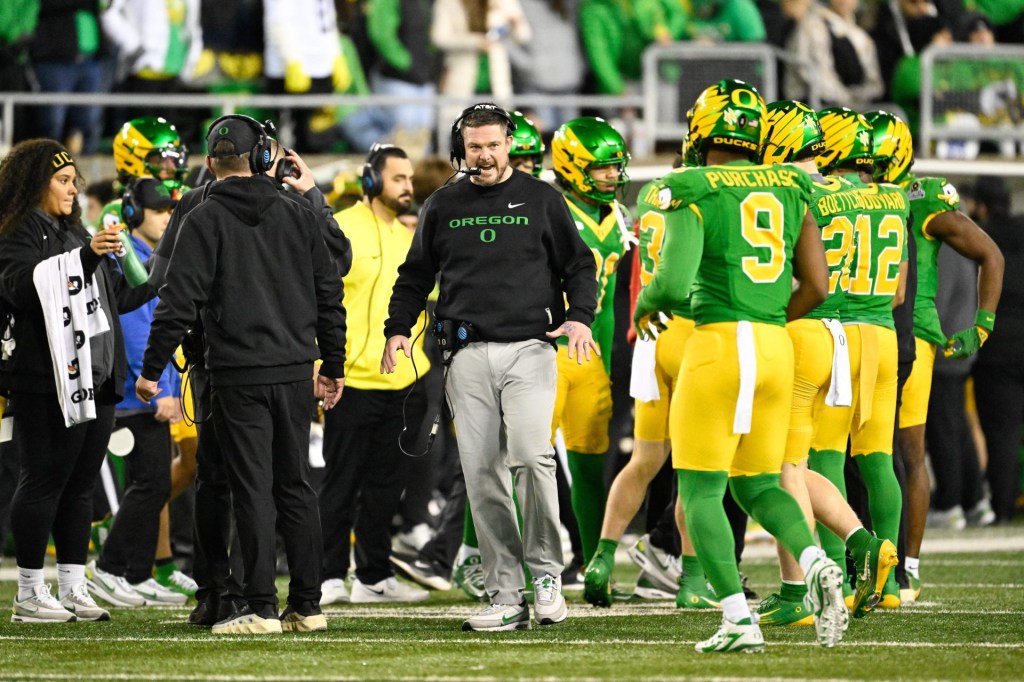Dec 20, 2025; Eugene, OR, USA; Oregon Ducks head coach Dan Lanning celebrates during the third quarter against the James Madison Dukes at Autzen Stadium.