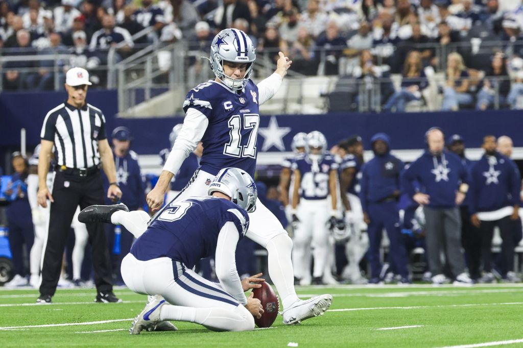Dec 21, 2025; Arlington, Texas, USA; Dallas Cowboys place kicker Brandon Aubrey (17) kicks a field goal against the Los Angeles Chargers during the first half at AT&T Stadium.