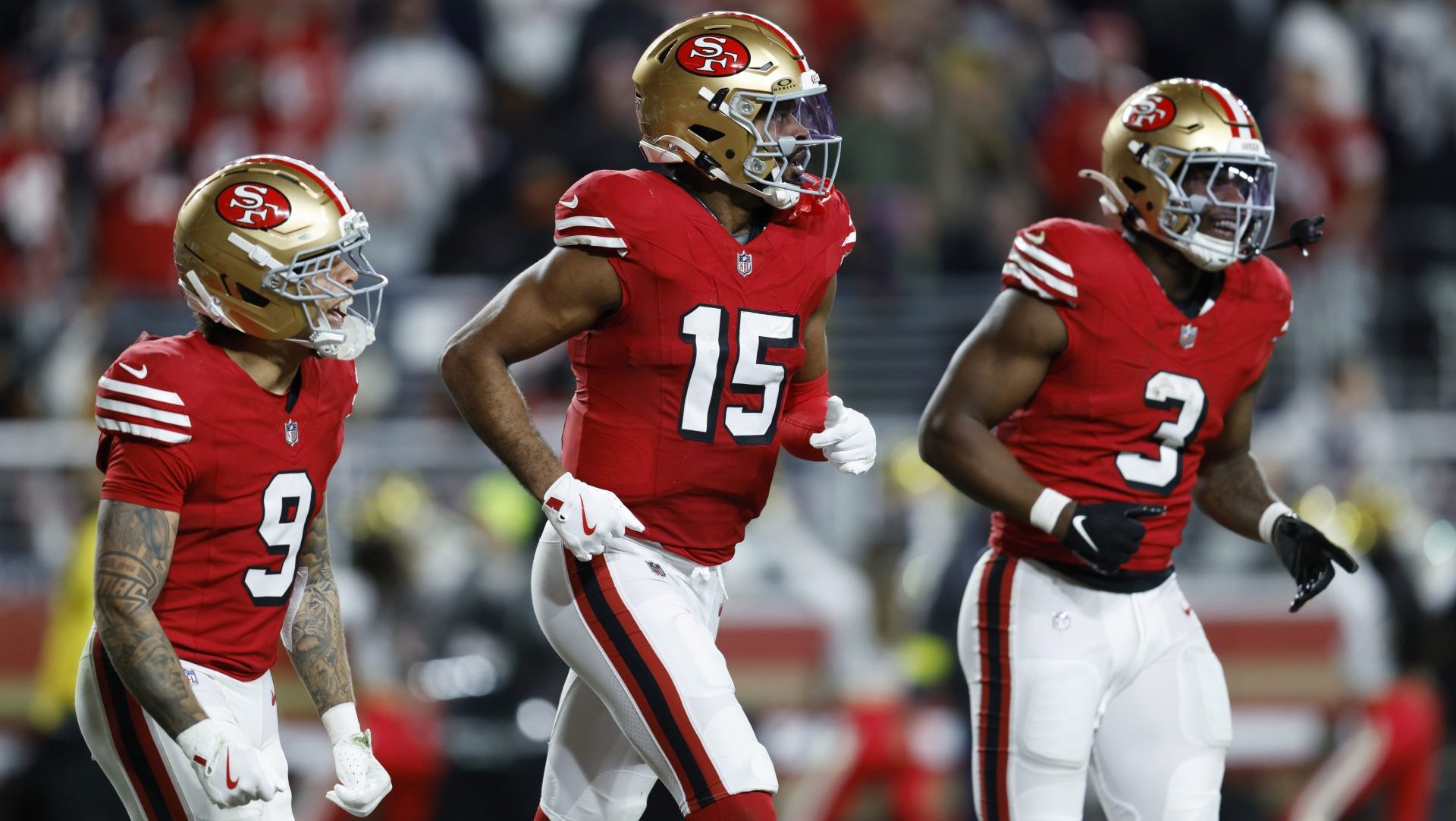 Dec 28, 2025; Santa Clara, California, USA; San Francisco 49ers wide receiver Jauan Jennings (15) celebrate after scoring a touchdown against the Chicago Bears in the second half at Levi's Stadium.