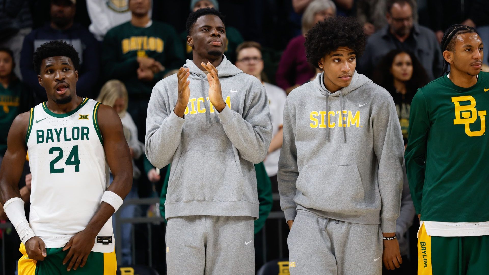 Dec 29, 2025; Waco, Texas, USA; Baylor Bears center James Nnaji (46) during warmups before the game against the Arlington Baptist Patriots at Paul and Alejandra Foster Pavilion.