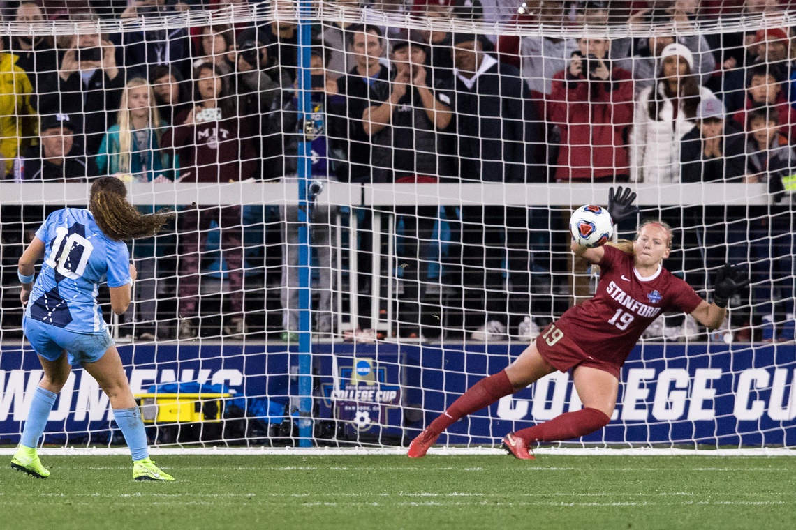Dec 8, 2019; San Jose, CA, USA; Stanford Cardinal goalkeeper Katie Meyer (19) dives for a penalty kick by North Carolina Tar Heels forward/Midfielder Rachel Jones (10) in the College Cup championship match at Avaya Stadium.