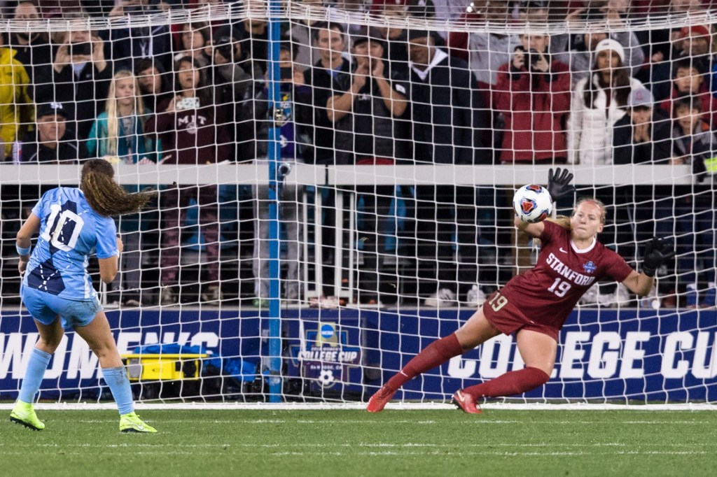 Dec 8, 2019; San Jose, CA, USA; Stanford Cardinal goalkeeper Katie Meyer (19) dives for a penalty kick by North Carolina Tar Heels forward/Midfielder Rachel Jones (10) in the College Cup championship match at Avaya Stadium.