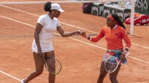 Jun 2, 2021; Paris, France; Venus Williams (USA) and Coco Gauff (USA) in their doubles match on day four of the French Open at Stade Roland Garros