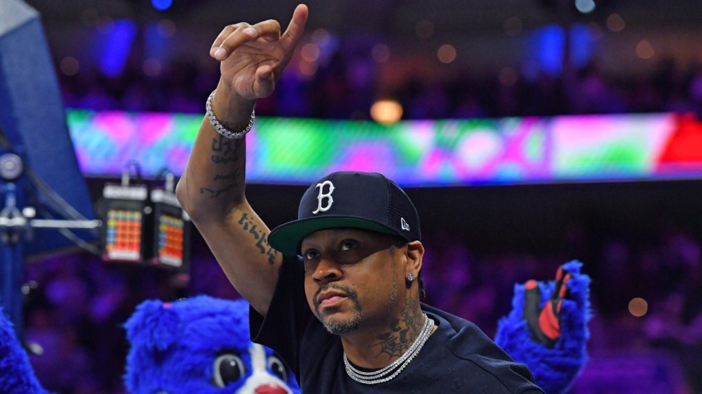 Mar 10, 2022; Philadelphia, Pennsylvania, USA; Former Philadelphia 76ers player Allen Iverson acknowledges the crowd during the game against the Brooklyn Nets during the second quarter at Wells Fargo Center