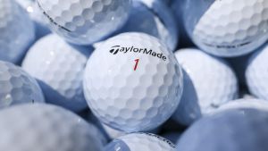 May 17, 2023; Rochester, New York, USA; A bucket of TaylorMade balls are seen during a practice round of the PGA Championship golf tournament at Oak Hill Country Club.