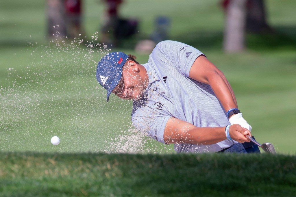 Patrick Mahomes II hits out of a sand trap during the final round of the American Century Celebrity Championship golf tournament at Edgewood Tahoe Golf Course in Stateline, Nev., Sunday, July 16, 2023.