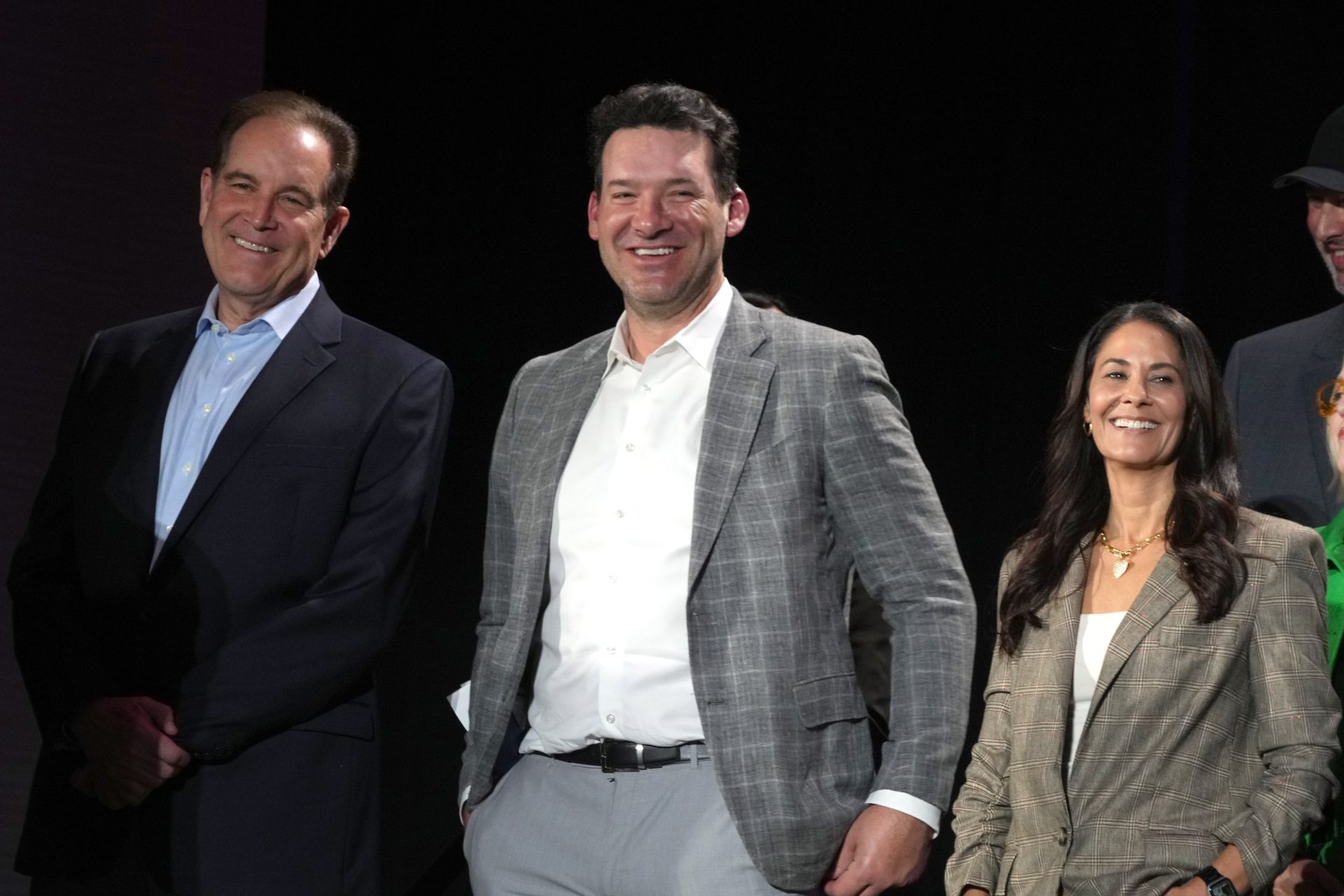 Feb 6, 2024; Las Vegas, NV, USA; CBS Sports play-by-play announcer Jim Nantz (left), analyst Tony Romo (center) and sideline reporter Tracy Wolfson at press conference at the Super Bowl 58 Media Center at the Mandalay Bay Resort and Casino. Mandatory Credit: Kirby Lee-USA TODAY Sports