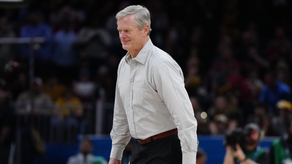 Apr 7, 2024; Cleveland, OH, USA; NCAA president Charlie Baker looks on during halftime between the South Carolina Gamecocks and the Iowa Hawkeyes in the finals of the Final Four of the womens 2024 NCAA Tournament at Rocket Mortgage FieldHouse.