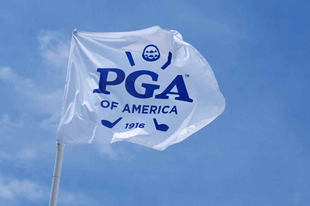 May 13, 2024; Louisville, Kentucky, USA; A PGA of America flag during a practice round for the PGA Championship golf tournament at Valhalla Golf Club