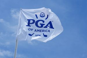 May 13, 2024; Louisville, Kentucky, USA; A PGA of America flag during a practice round for the PGA Championship golf tournament at Valhalla Golf Club