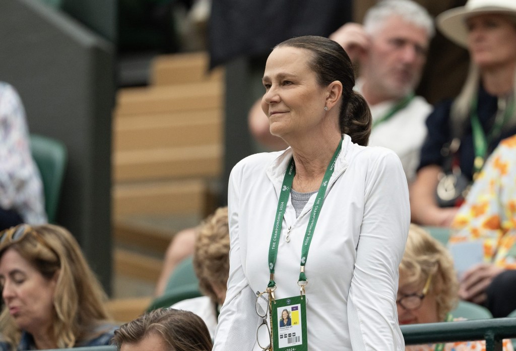 Jul 9, 2024; London, United Kingdom; Former player and TV Commentator, Pam Shriver in attendance as coach for Donna Vekic of Croatia (not shown) during her match against Lulu Sun of New Zealand (not shown) on day nine of The Championships at All England Lawn Tennis and Croquet Club.