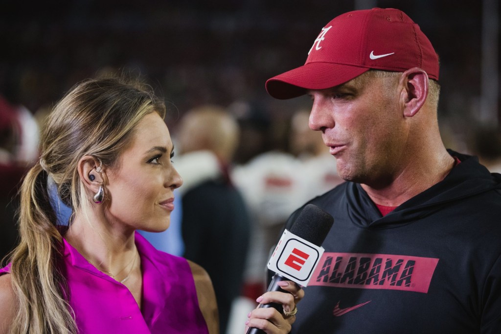 Aug 31, 2024; Tuscaloosa, Alabama, USA; Alabama Crimson Tide head coach Kalen DeBoer talks with ESPN’s Taylor McGregor for a post-game interview after the fourth quarter at Bryant-Denny Stadium.