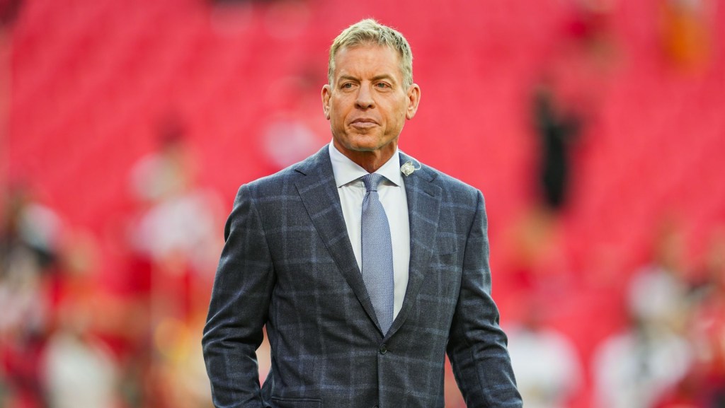 Oct 7, 2024; Kansas City, Missouri, USA; NFL hall of fame Troy Aikman prior to a game between the New Orleans Saints and the Kansas City Chiefs at GEHA Field at Arrowhead Stadium.